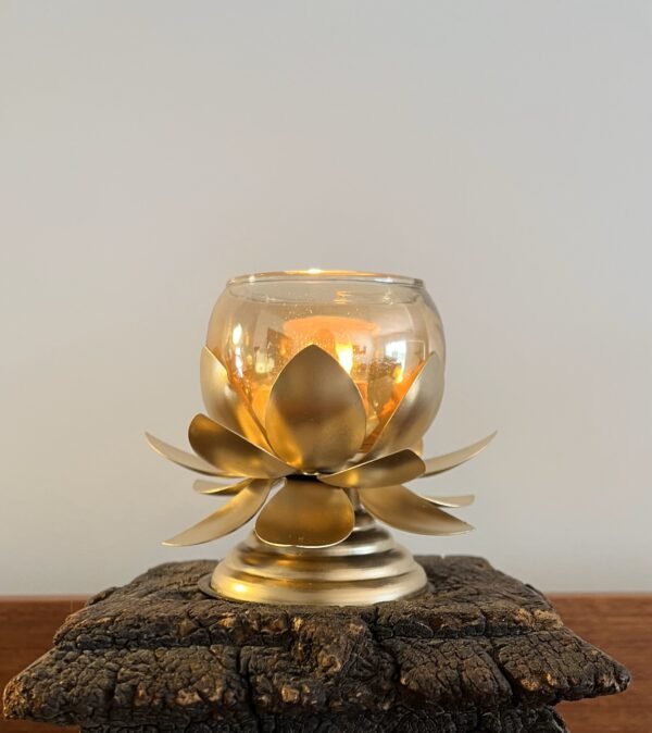 Lotus Tealight Holder with Glass Votive in Brass Finish