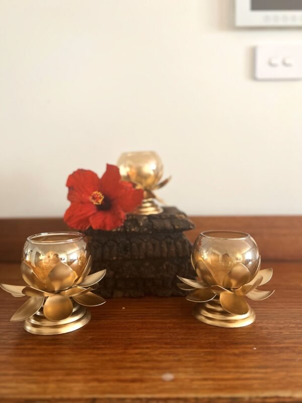 Lotus Tealight Holder with Glass Votive in Brass Finish - Image 2